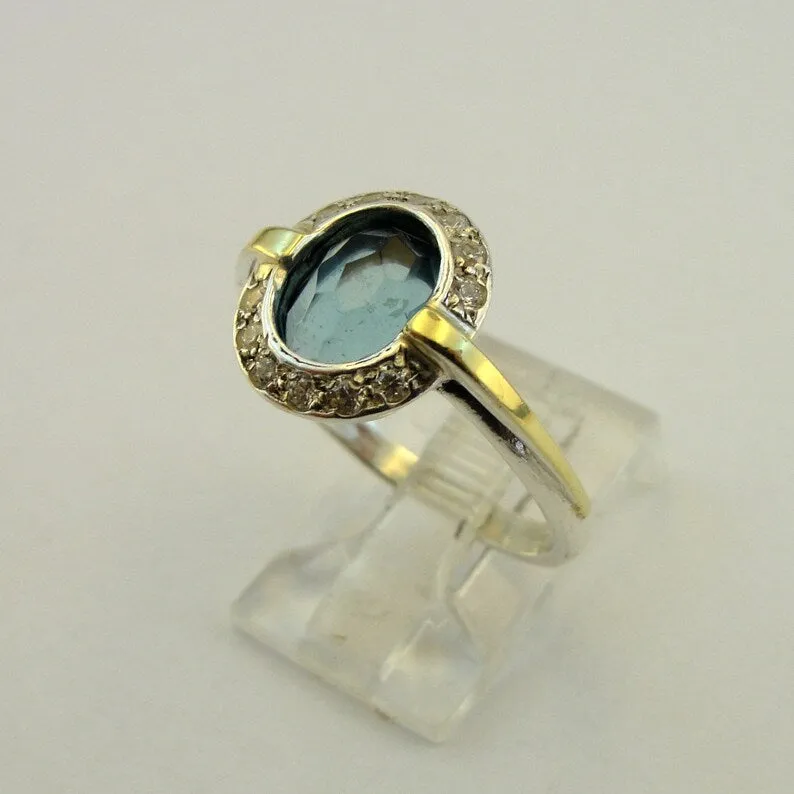 Hadar Designers blue topaz ring 5,6,7,8,9 handmade 9k yellow gold 925 silver (ms