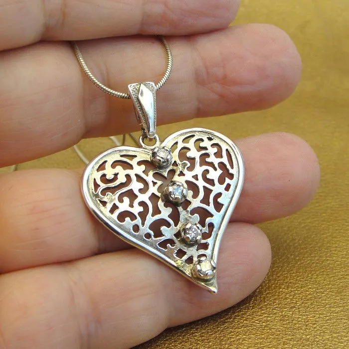 Hadar Designers Filigree zircon Heart Pendant Handmade Sterling Silver (NS ) y