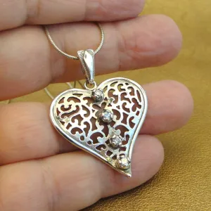 Hadar Designers Filigree zircon Heart Pendant Handmade Sterling Silver (NS ) y