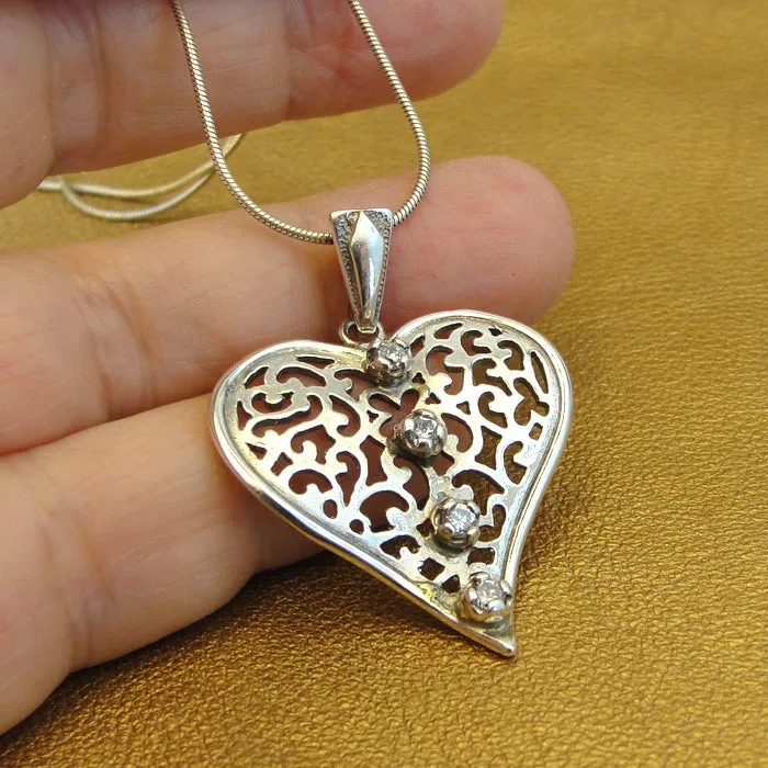 Hadar Designers Filigree zircon Heart Pendant Handmade Sterling Silver (NS ) y