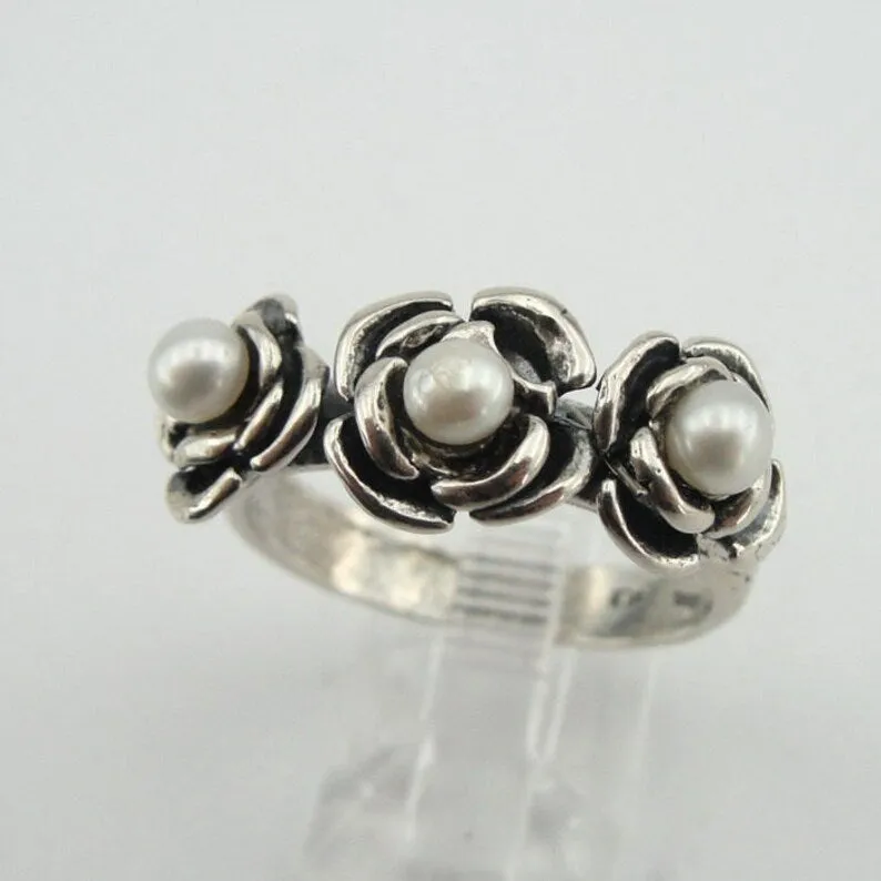Hadar Designers Floral Pearl Ring Delicate 925 Silver 6,7,8,9 Handmade (v)