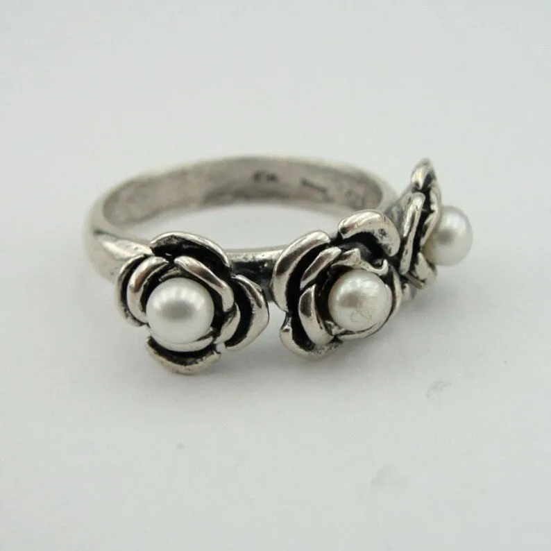 Hadar Designers Floral Pearl Ring Delicate 925 Silver 6,7,8,9 Handmade (v)