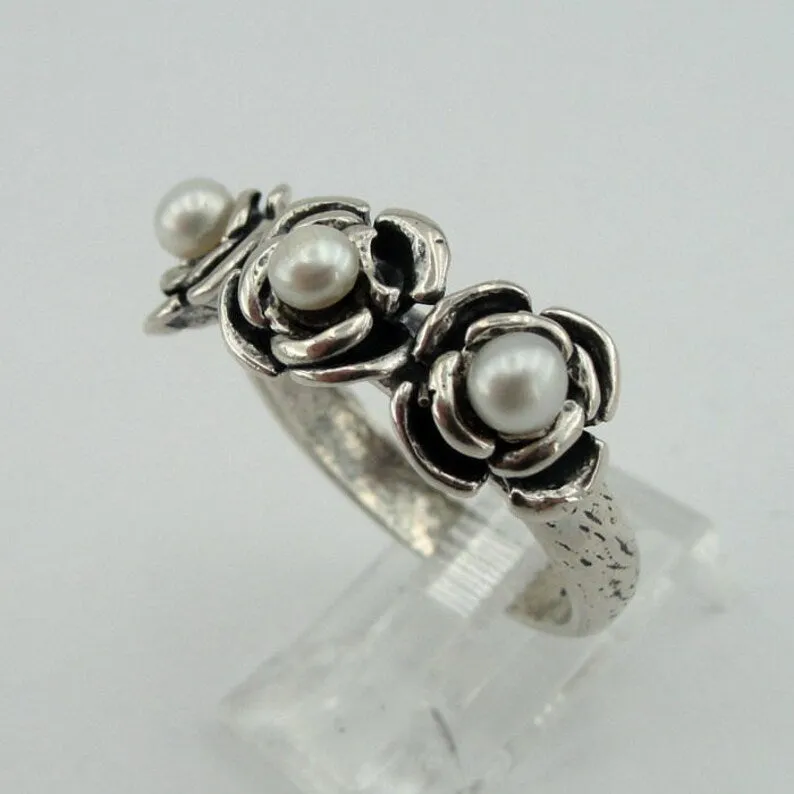 Hadar Designers Floral Pearl Ring Delicate 925 Silver 6,7,8,9 Handmade (v)