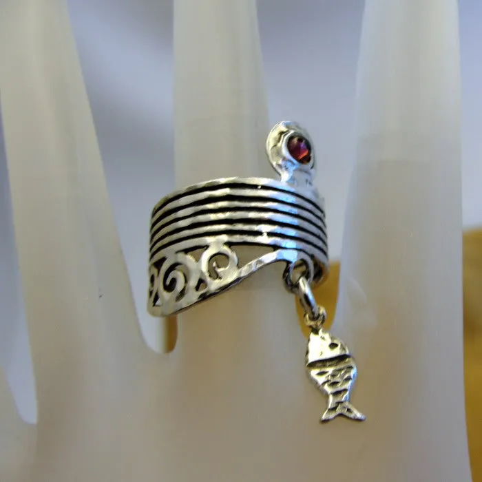 Hadar Designers Garnet Fish Ring 925 Sterling Silver 7, 7.5 Handmade (H) LAST