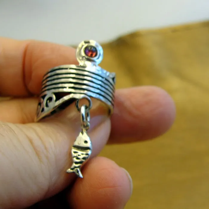Hadar Designers Garnet Fish Ring 925 Sterling Silver 7, 7.5 Handmade (H) LAST