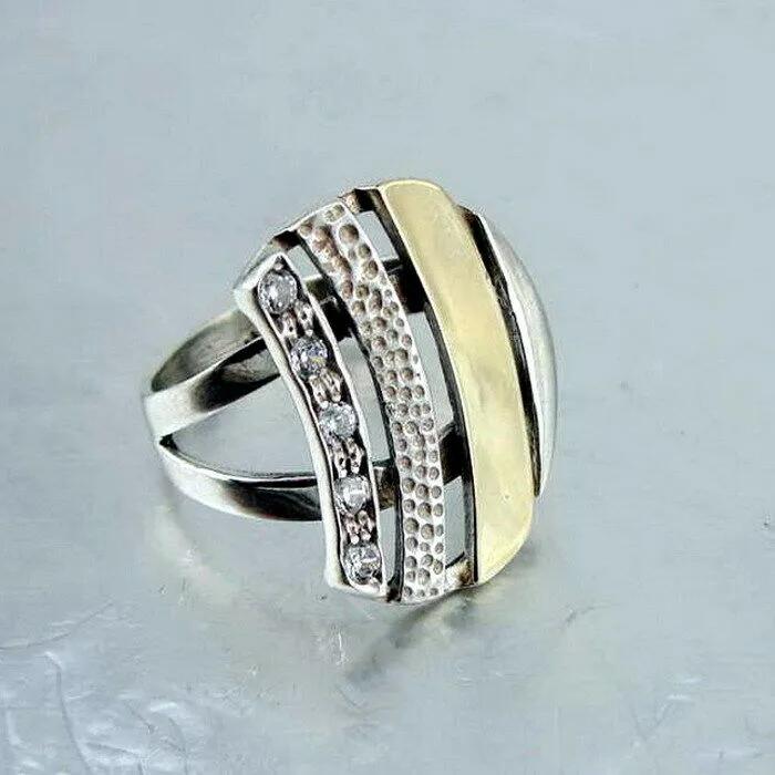 Hadar Designers Handmade 9k Yellow Gold 925 Silver Zircon Ring sz 6,7,8,9 (Ms)7y