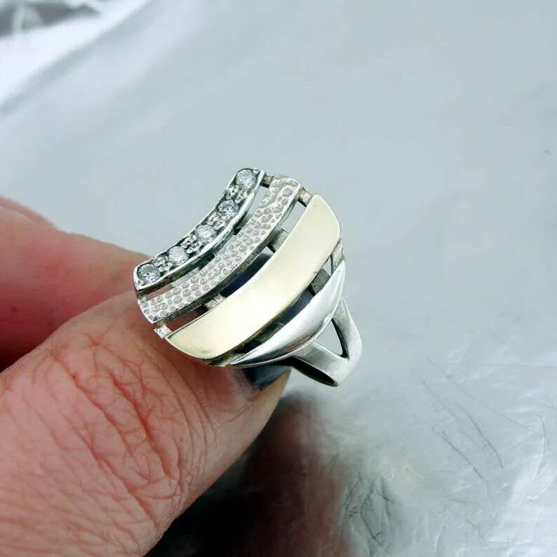 Hadar Designers Handmade 9k Yellow Gold 925 Silver Zircon Ring sz 6,7,8,9 (Ms)7y