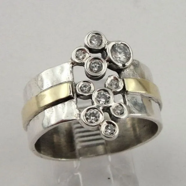 Hadar Designers Handmade 9k Yellow Gold Sterling Silver Zircon Ring 6,7,8,9, (M)