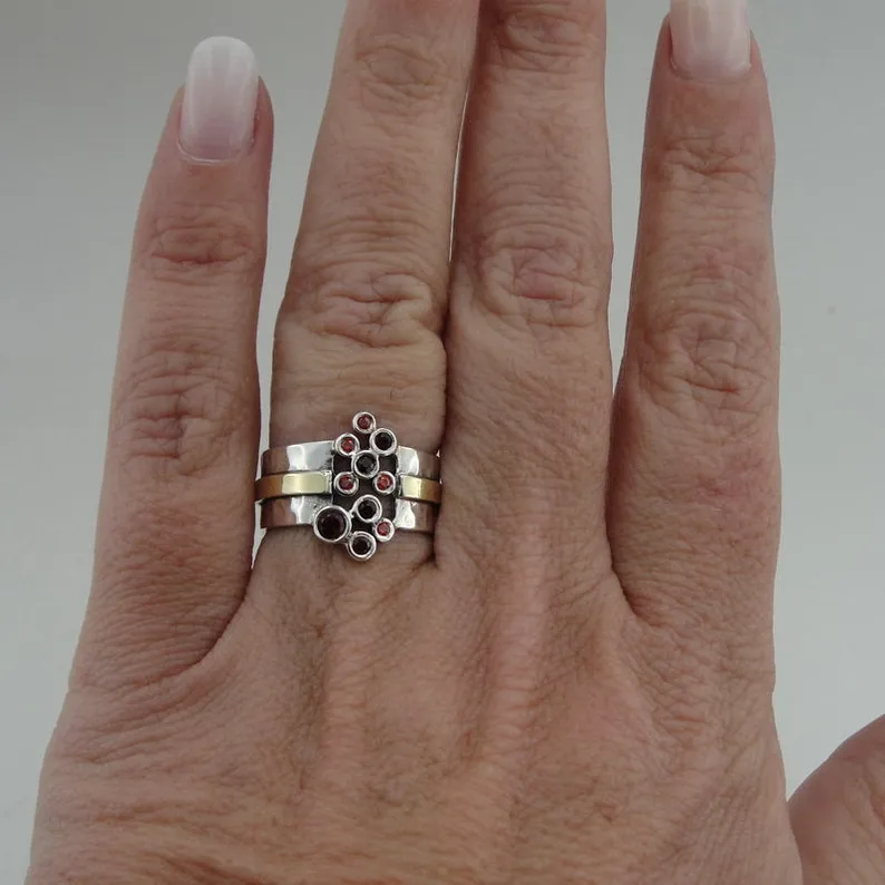 Hadar Designers Handmade 9k Yellow Gold Sterling Silver Zircon Ring 6,7,8,9, (M)