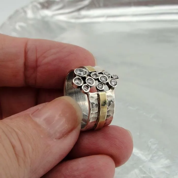 Hadar Designers Handmade 9k Yellow Gold Sterling Silver Zircon Ring 6,7,8,9, (M)