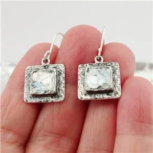 Hadar Designers Handmade Square 925 Silver Antique Roman Glass Earrings (as)SALE