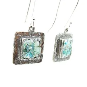 Hadar Designers Handmade Square 925 Silver Antique Roman Glass Earrings (as)SALE
