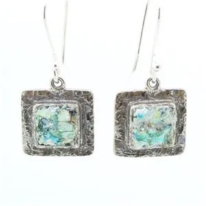 Hadar Designers Handmade Square 925 Silver Antique Roman Glass Earrings (as)SALE