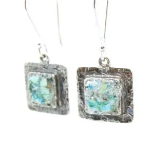 Hadar Designers Handmade Square 925 Silver Antique Roman Glass Earrings (as)SALE
