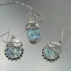 Hadar Designers Handmade Sterling Silver Antique Roman Glass Bird Earrings (as