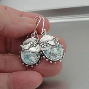 Hadar Designers Handmade Sterling Silver Antique Roman Glass Bird Earrings (as