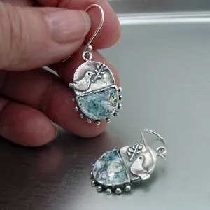Hadar Designers Handmade Sterling Silver Antique Roman Glass Bird Earrings (as