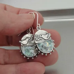 Hadar Designers Handmade Sterling Silver Antique Roman Glass Bird Earrings (as