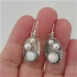 Hadar Designers Handmade Sterling Silver White Pearl Roman Glass Earrings (as)