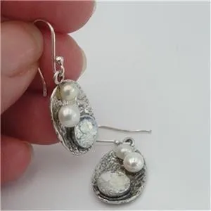 Hadar Designers Handmade Sterling Silver White Pearl Roman Glass Earrings (as)