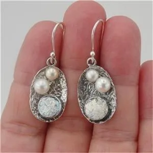 Hadar Designers Handmade Sterling Silver White Pearl Roman Glass Earrings (as)