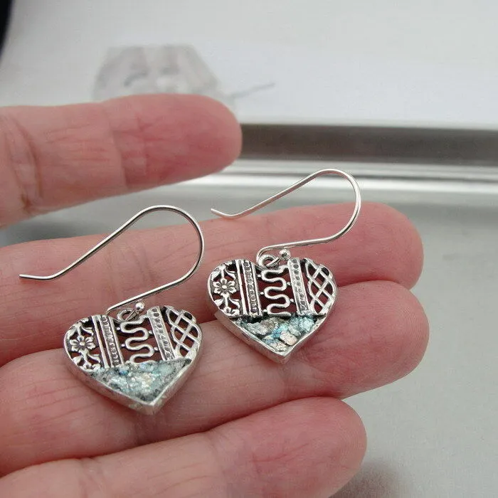 Hadar Designers Heart Sterling Silver Roman Glass Earrings Handmade Filigree (as