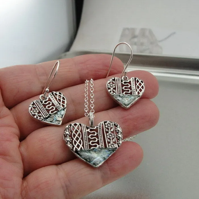 Hadar Designers Heart Sterling Silver Roman Glass Earrings Handmade Filigree (as