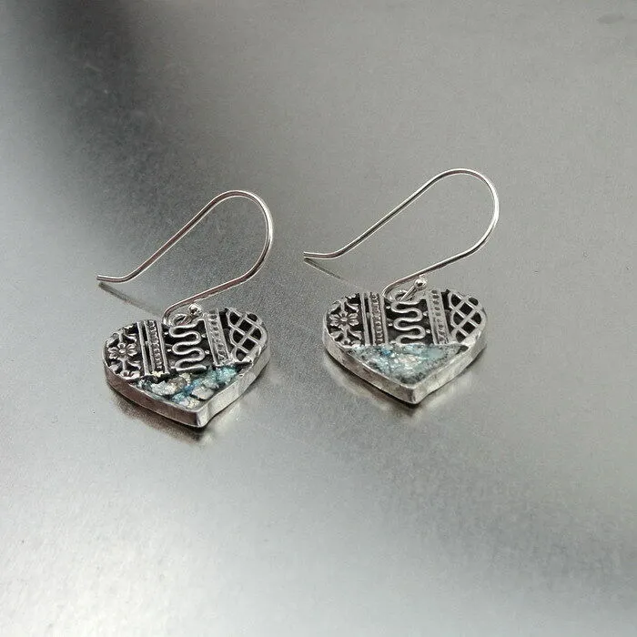 Hadar Designers Heart Sterling Silver Roman Glass Earrings Handmade Filigree (as