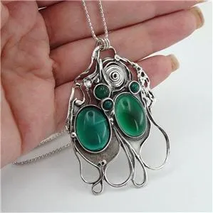 Hadar Designers Large Sterling Silver Green Agate Pendant Handmade Unique Art (H