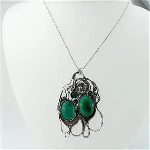Hadar Designers Large Sterling Silver Green Agate Pendant Handmade Unique Art (H