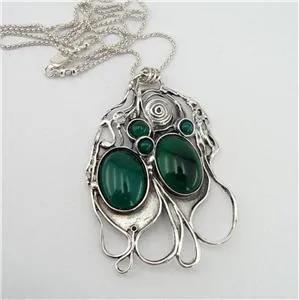 Hadar Designers Large Sterling Silver Green Agate Pendant Handmade Unique Art (H