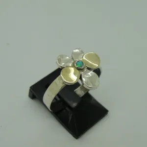 Hadar Designers Opal Yellow Gold 925 Silver Floral Ring, Handmade (MS)y