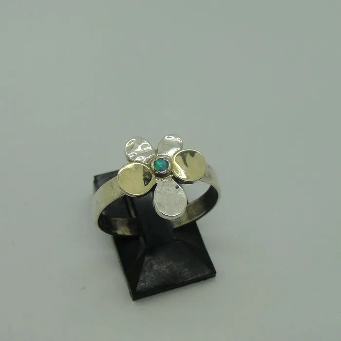 Hadar Designers Opal Yellow Gold 925 Silver Floral Ring, Handmade (MS)y