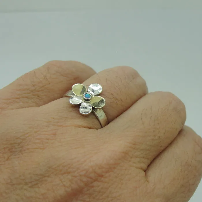 Hadar Designers Opal Yellow Gold 925 Silver Floral Ring, Handmade (MS)y