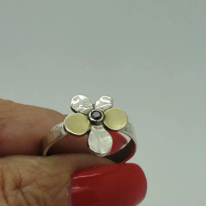 Hadar Designers Opal Yellow Gold 925 Silver Floral Ring, Handmade (MS)y
