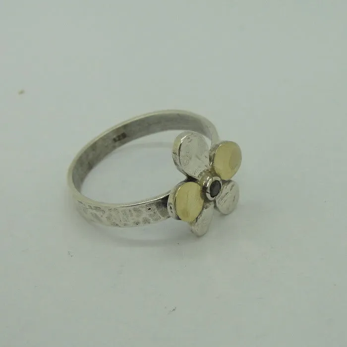 Hadar Designers Opal Yellow Gold 925 Silver Floral Ring, Handmade (MS)y