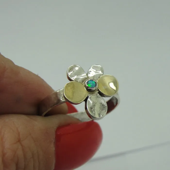 Hadar Designers Opal Yellow Gold 925 Silver Floral Ring, Handmade (MS)y