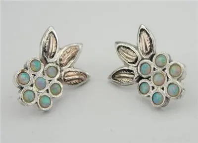 Hadar Designers Opal Yellow Gold 925 Silver Stud Earrings Handmade Floral ()SALE