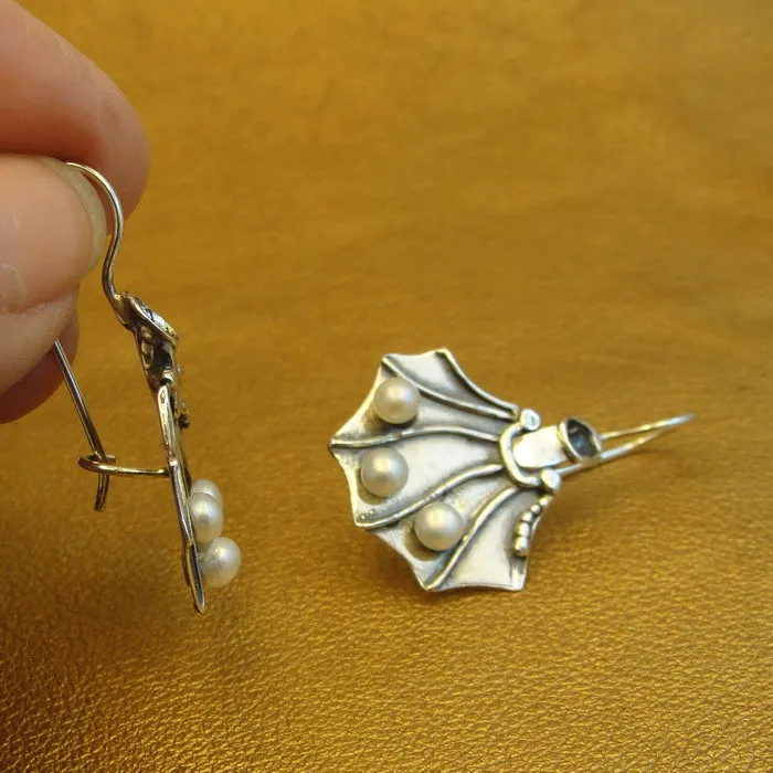 Hadar Designers Pearl Earrings 925 Sterling Silver White Handmade Dangle (H)Last