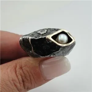 Hadar Designers Pearl Ring, Wild style, Handmade, Sterling Silver and  9k Yellow Gold (MS