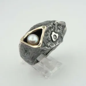 Hadar Designers Pearl Ring, Wild style, Handmade, Sterling Silver and  9k Yellow Gold (MS