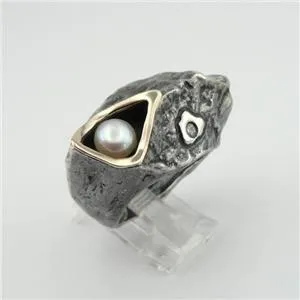 Hadar Designers Pearl Ring, Wild style, Handmade, Sterling Silver and  9k Yellow Gold (MS