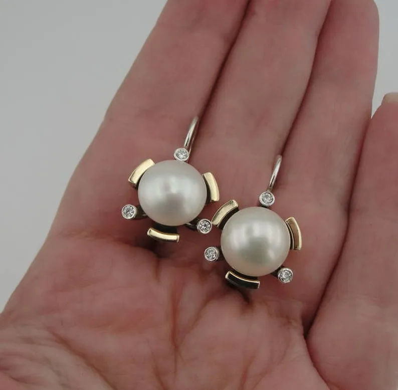 Hadar Designers Pearl Zircon Earrings 9k Yellow Gold 925 Silver Handmade (ms 395