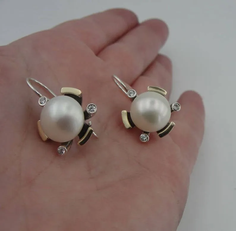 Hadar Designers Pearl Zircon Earrings 9k Yellow Gold 925 Silver Handmade (ms 395