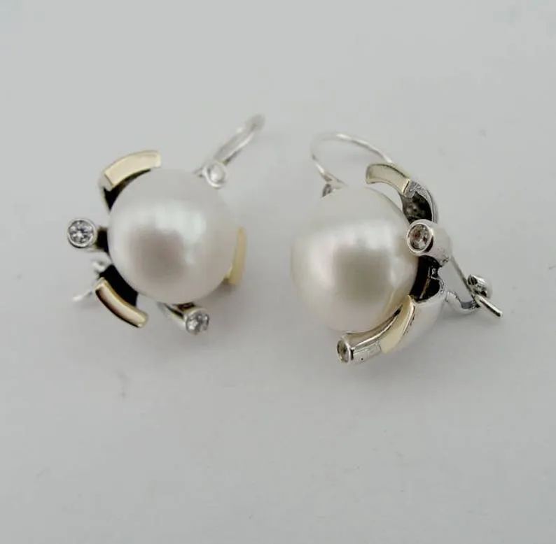 Hadar Designers Pearl Zircon Earrings 9k Yellow Gold 925 Silver Handmade (ms 395
