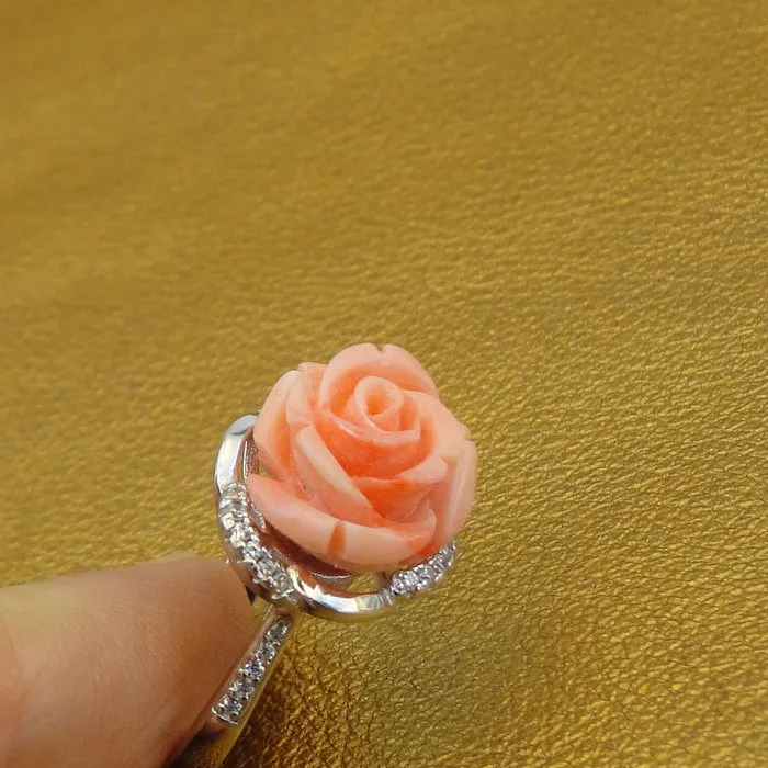 Hadar Designers Pink Coral Rose Sterling Silver Zircon Floral Ring size 6 ()LAST