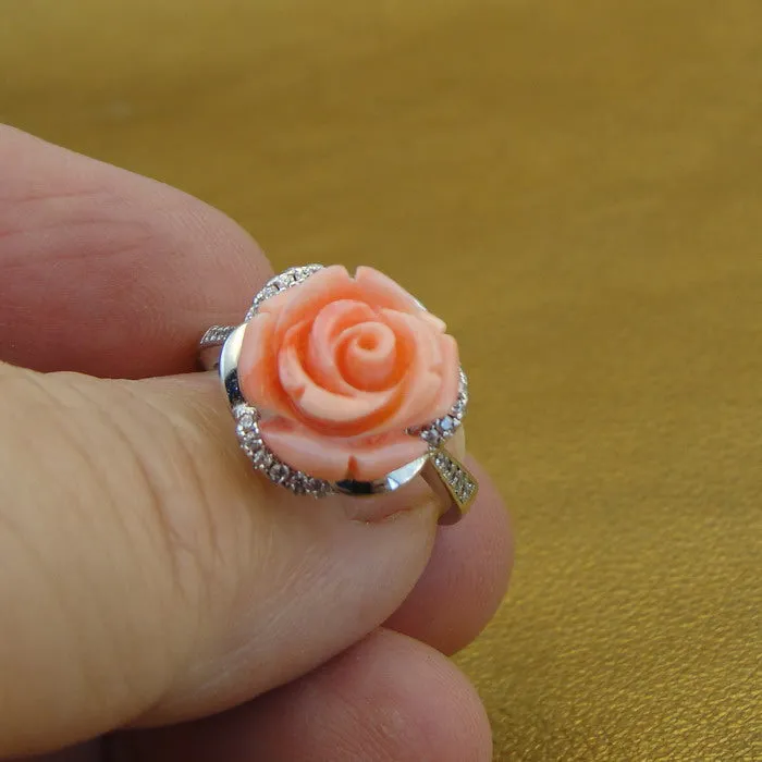 Hadar Designers Pink Coral Rose Sterling Silver Zircon Floral Ring size 6 ()LAST