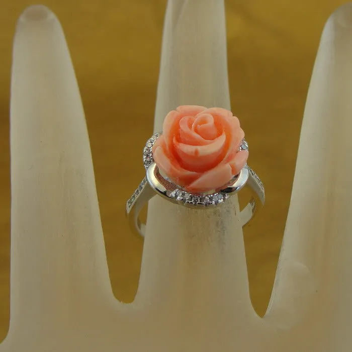 Hadar Designers Pink Coral Rose Sterling Silver Zircon Floral Ring size 6 ()LAST
