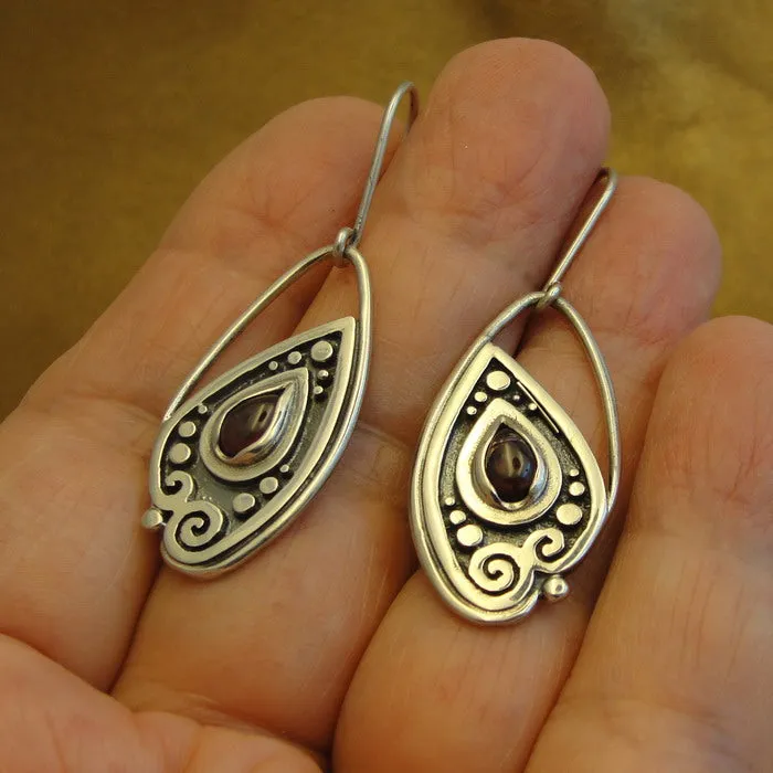 Hadar Designers Red Garnet Drop Earrings Handmade 925 Sterling Silver (ms 1912)
