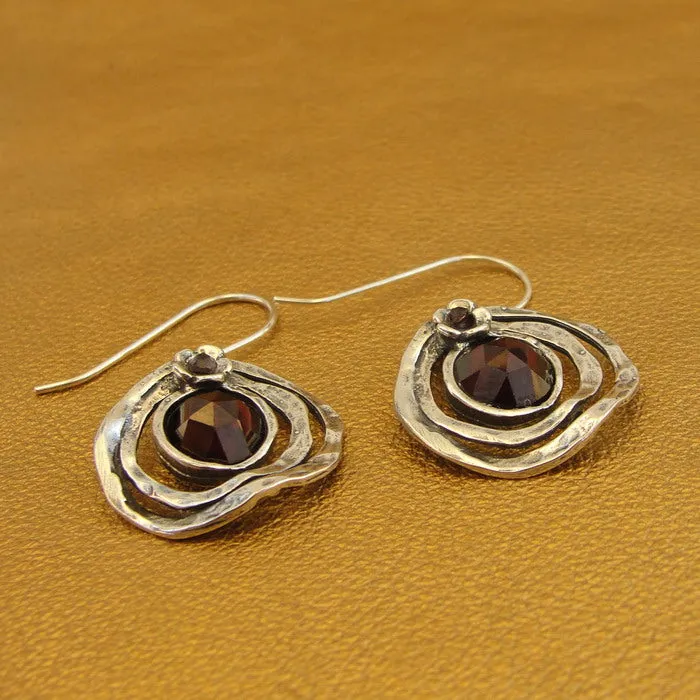 Hadar Designers Red Garnet Floral Earrings Handmade 925 Sterling Silver (L) LAST